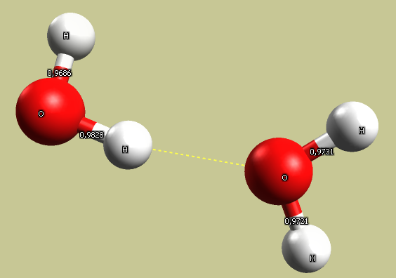 Hydrogen bond (yellow dashed line) between the two water molecules,
pay attention to the molecules
orientation