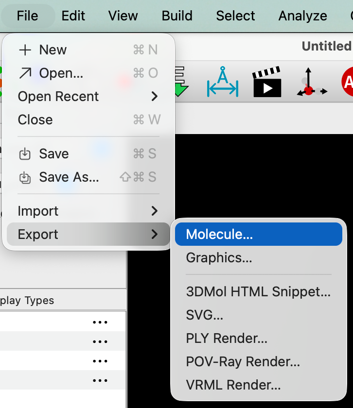 Screenshot indicating File => Export => Molecule menu item