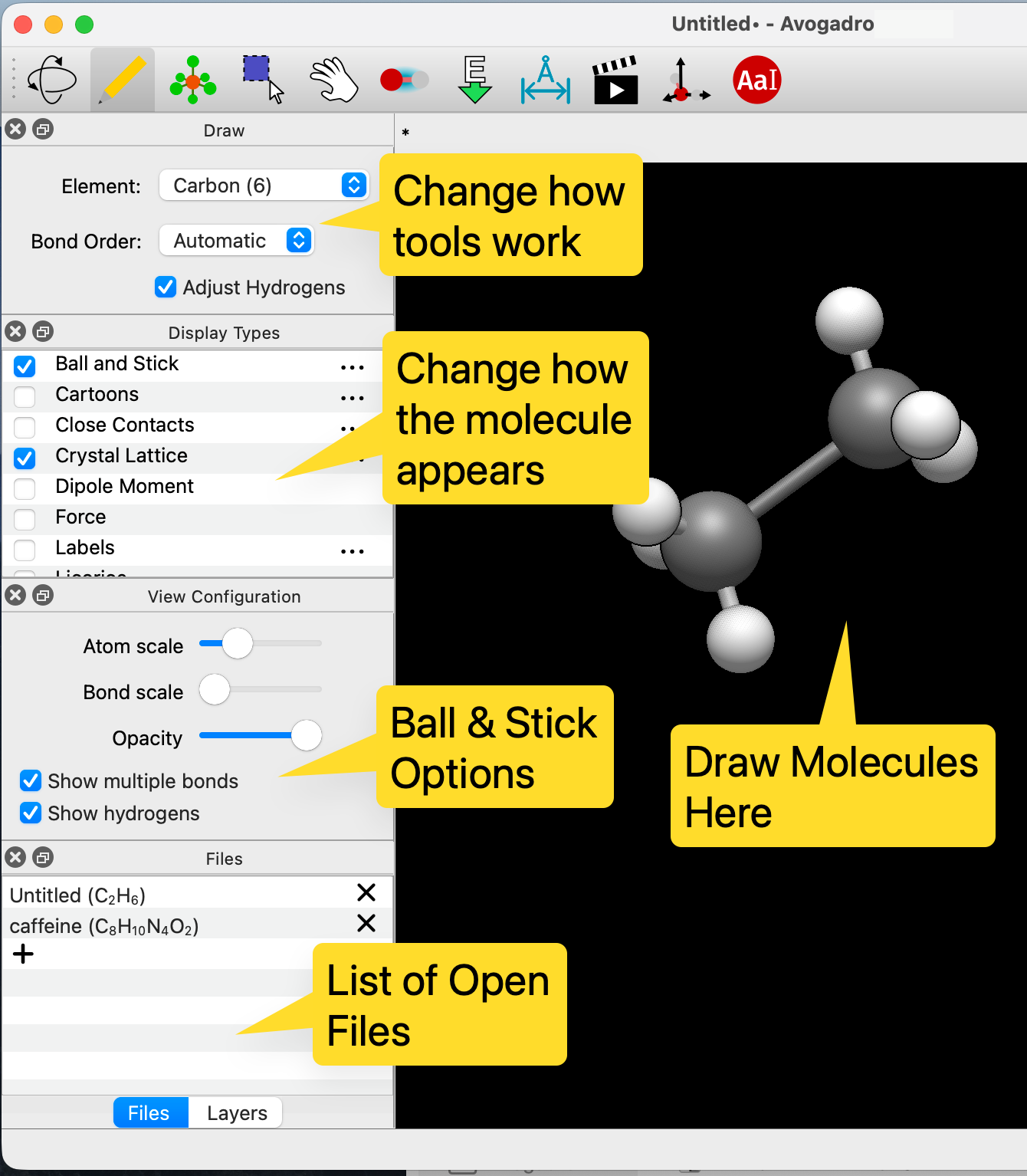 Screenshot of main Avogadro window on Mac indicating tools, display options, and drawing area
