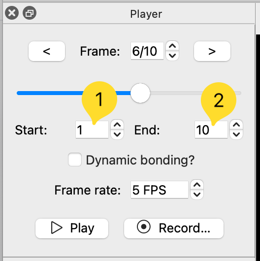 Screenshot of the animation panel indicating start and end controls
