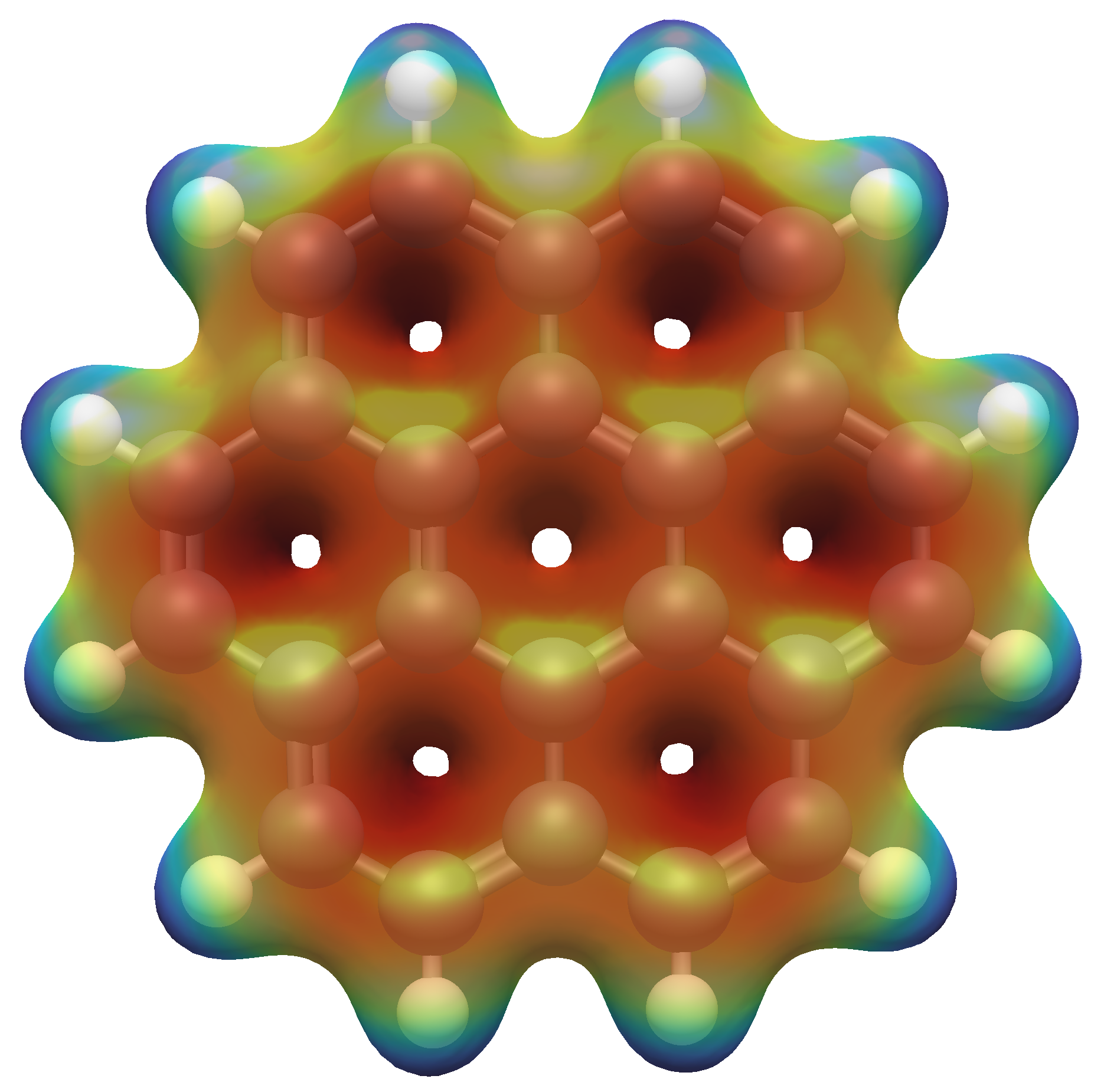 Example of the electron density of coronene colored by the electrostatic potential