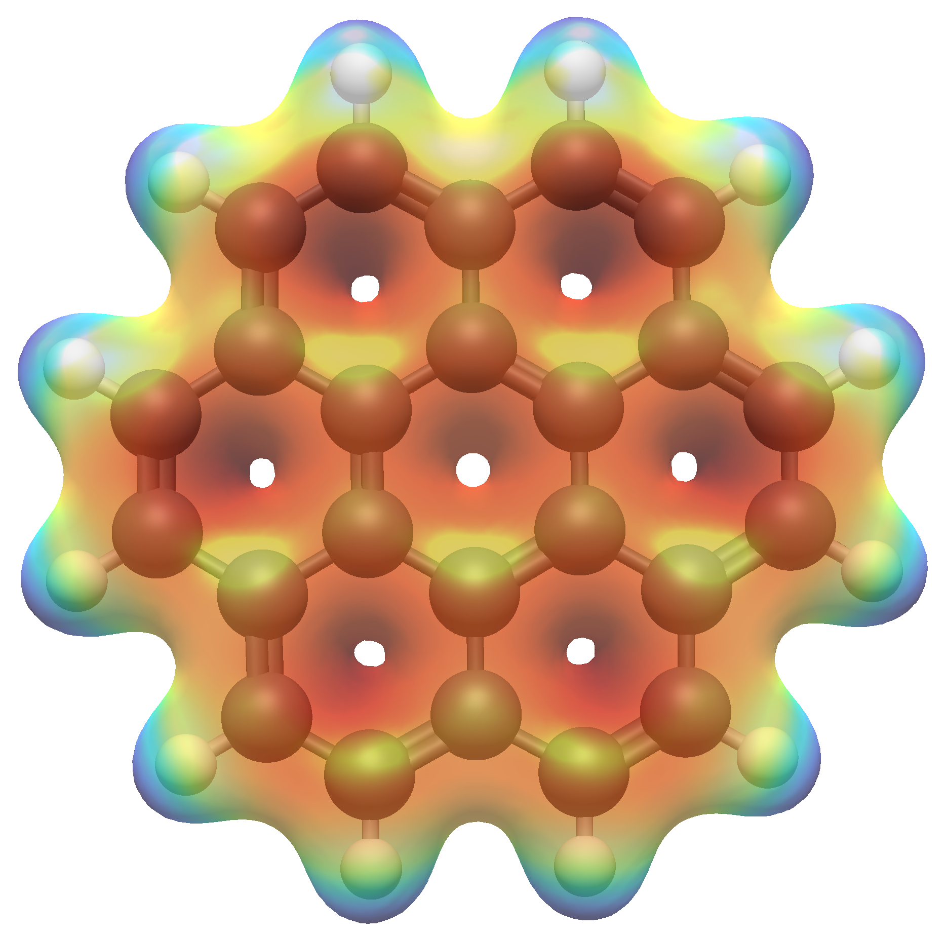 Example of the electron density of coronene colored by the electrostatic potential